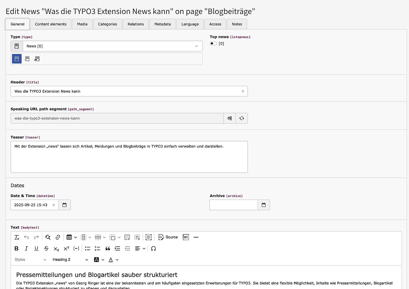 News Beitrag erstellen: TYPO3 Backend Screenshot