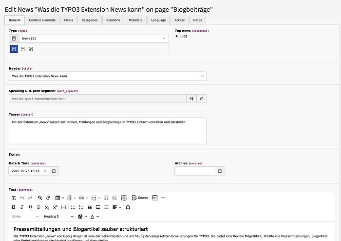 News Beitrag erstellen: TYPO3 Backend Screenshot