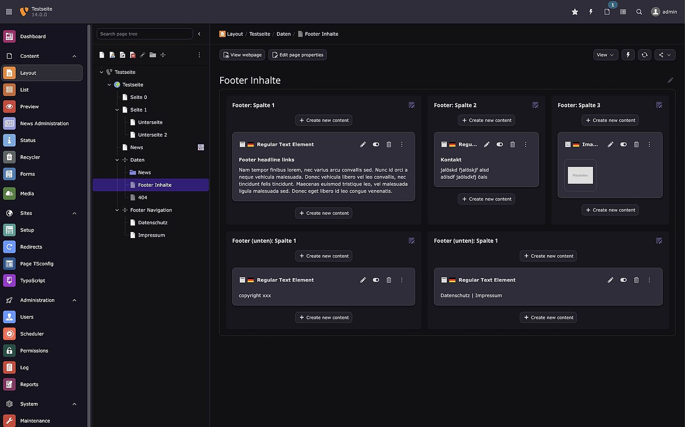 TYPO3 14: Screenshot des Backends